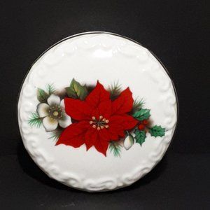 Vintage Poinsettia Trinket Dish Round with Lid